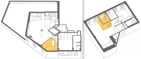 Two partitioned rooms: the left borrows an exterior wall and window, the right has neither